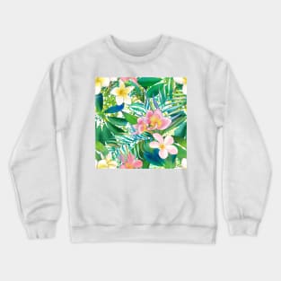 Summer tropical Plumeria flowers, palm leaves watercolor botanical illustration. Colorful Paradise floral composition. Vibrant jungle print. Crewneck Sweatshirt